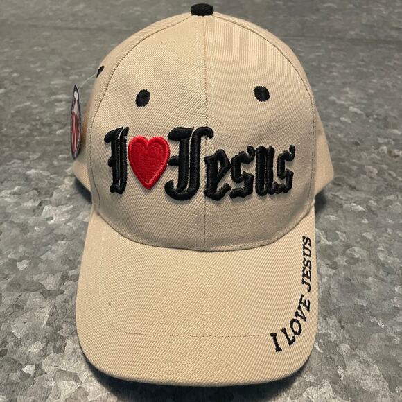 I Love Jesus Old English Script Hat Cap Tan God Bible Faith 90s Cotton Acrylic - Picture 1 of 10